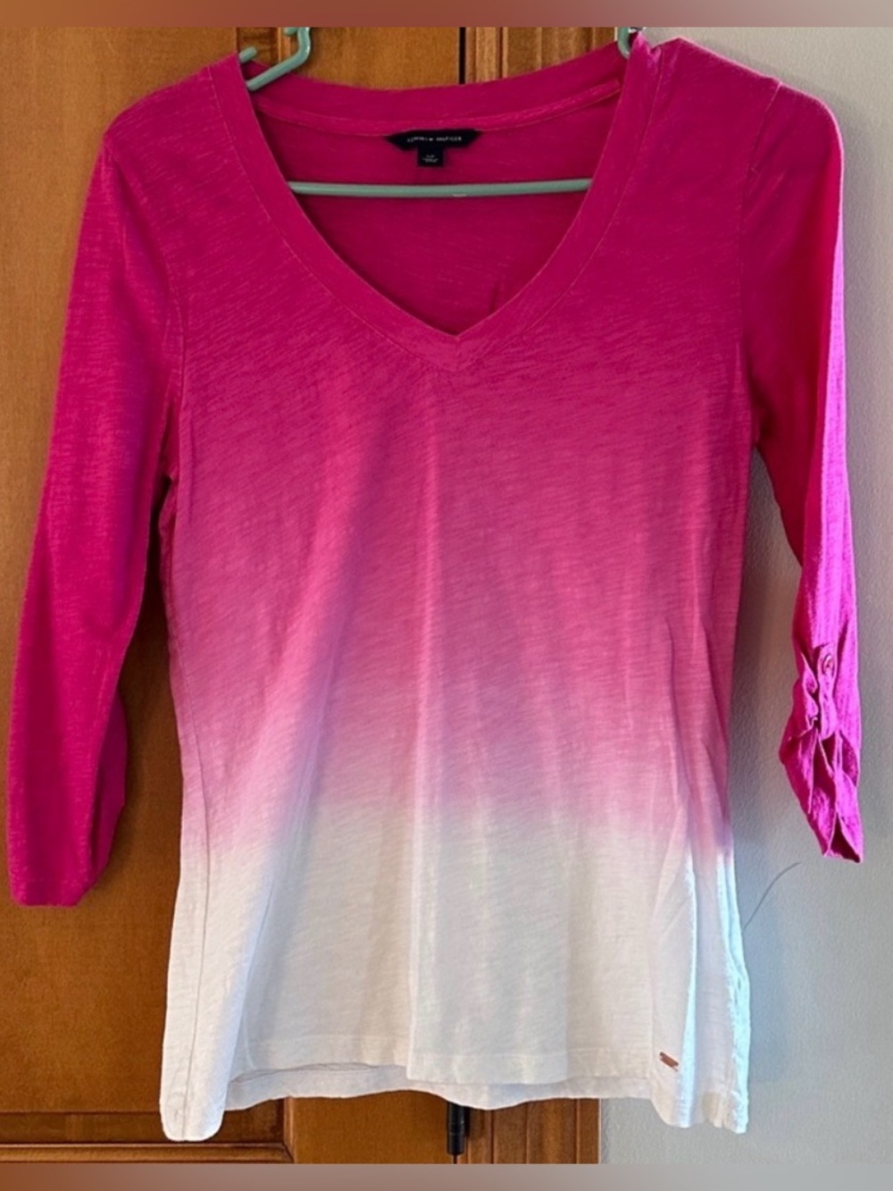 Tommy Hilfiger Pink Ombre Dip Dye Slub Cotton V-Neck Roll Tab 3/4 Sleeve Top S